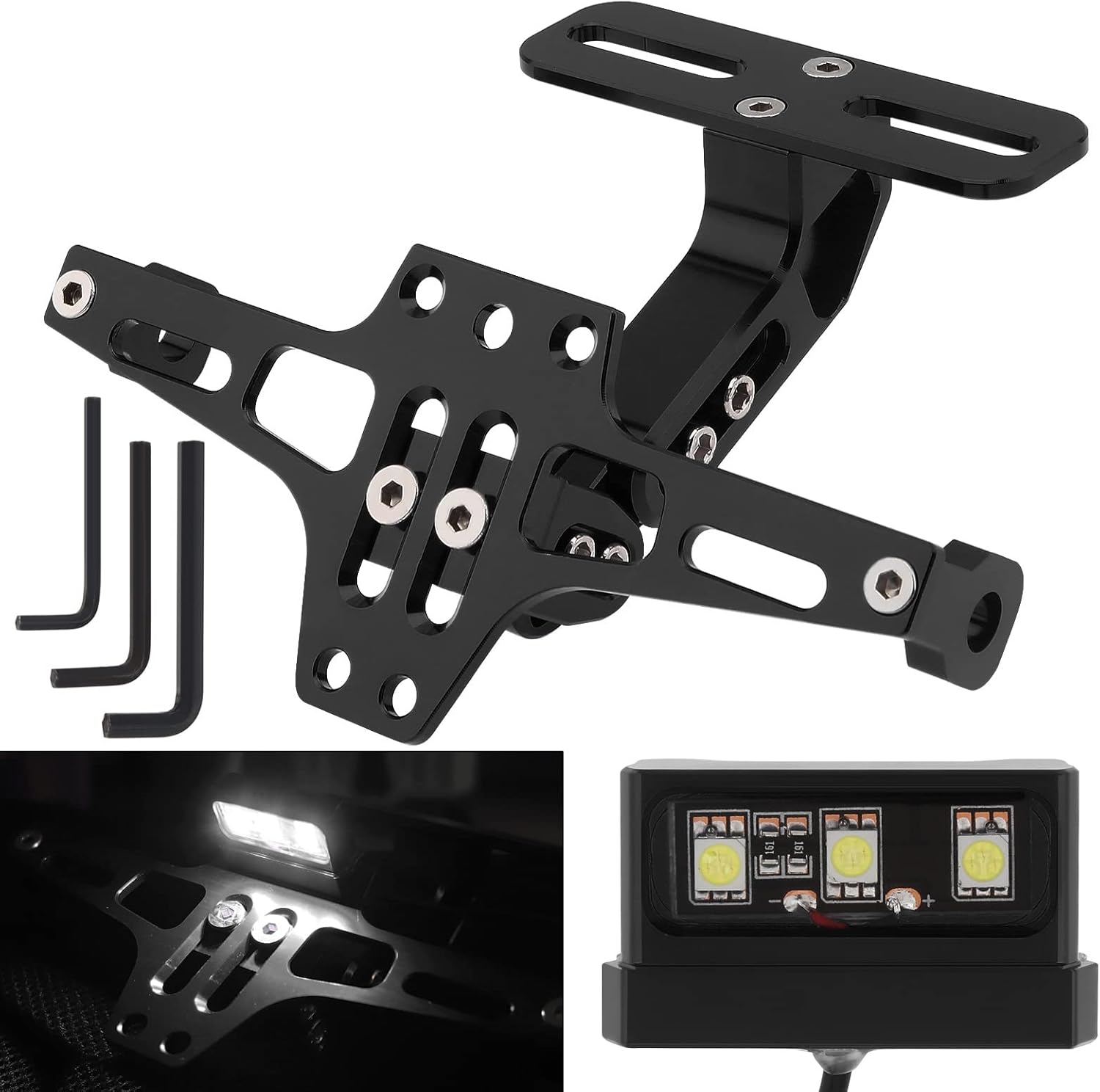 Soporte de placa de matrícula de motocicleta, kit de eliminador de guardabarros ajustable universal, soporte de aluminio CNC con luz LED (negro)