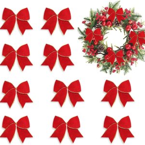 Hying 10 lazos de Navidad para corona, lazos de terciopelo rojo para decoración de árbol de Navidad, lazos de invierno para puerta delantera, Hying 10 lazos de Navidad para corona, lazos de terciopelo rojo para decoración de árbol de Navidad, lazos de invierno para puerta delantera,
