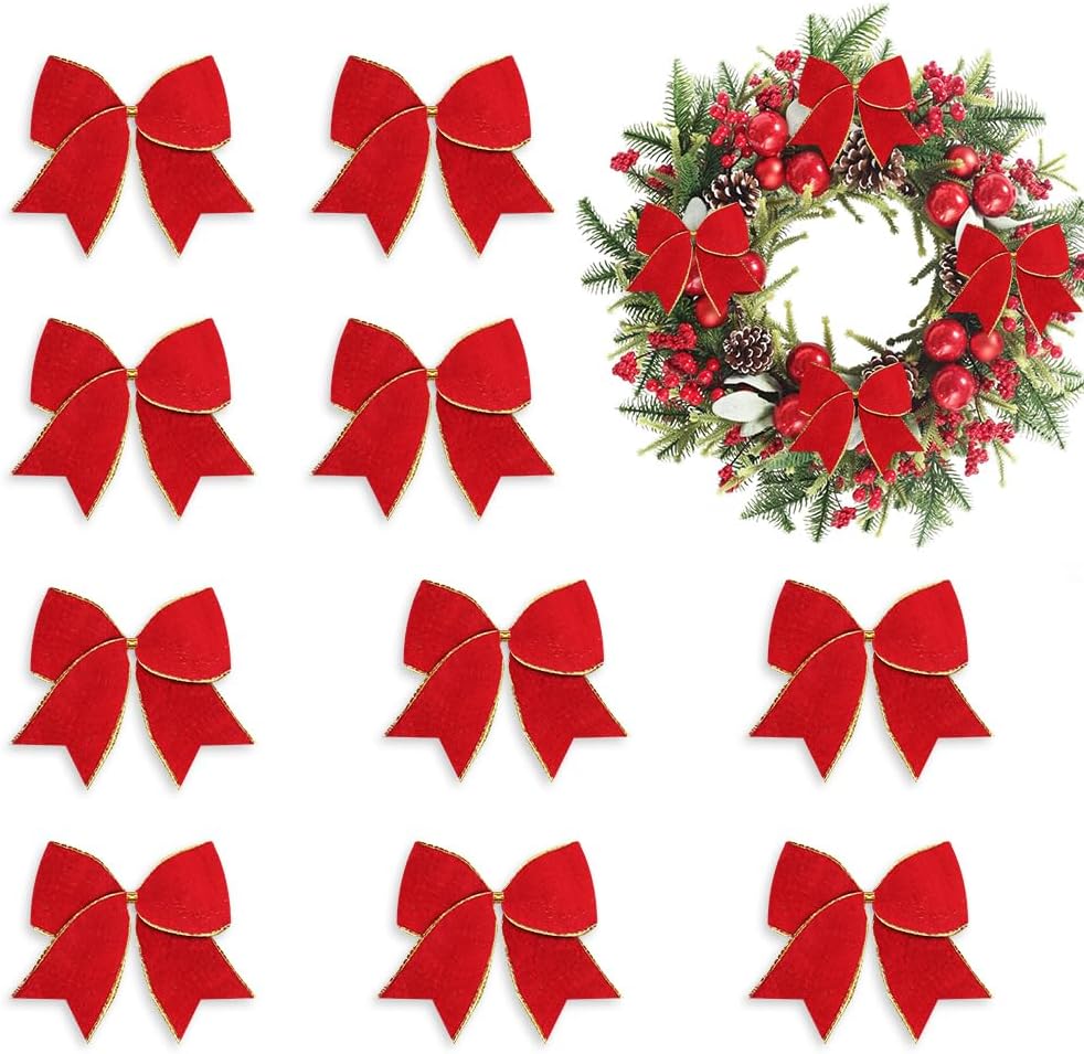 Hying 10 lazos de Navidad para corona, lazos de terciopelo rojo para decoración de árbol de Navidad, lazos de invierno para puerta delantera,