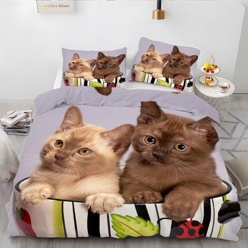 Gray Cat Duvet Cover Full Animal Print Bedding Sets Full Soft Microfiber Comforter Cover and 2 Pillow Shams 20″X26″, Bed Set Duvet Covers with