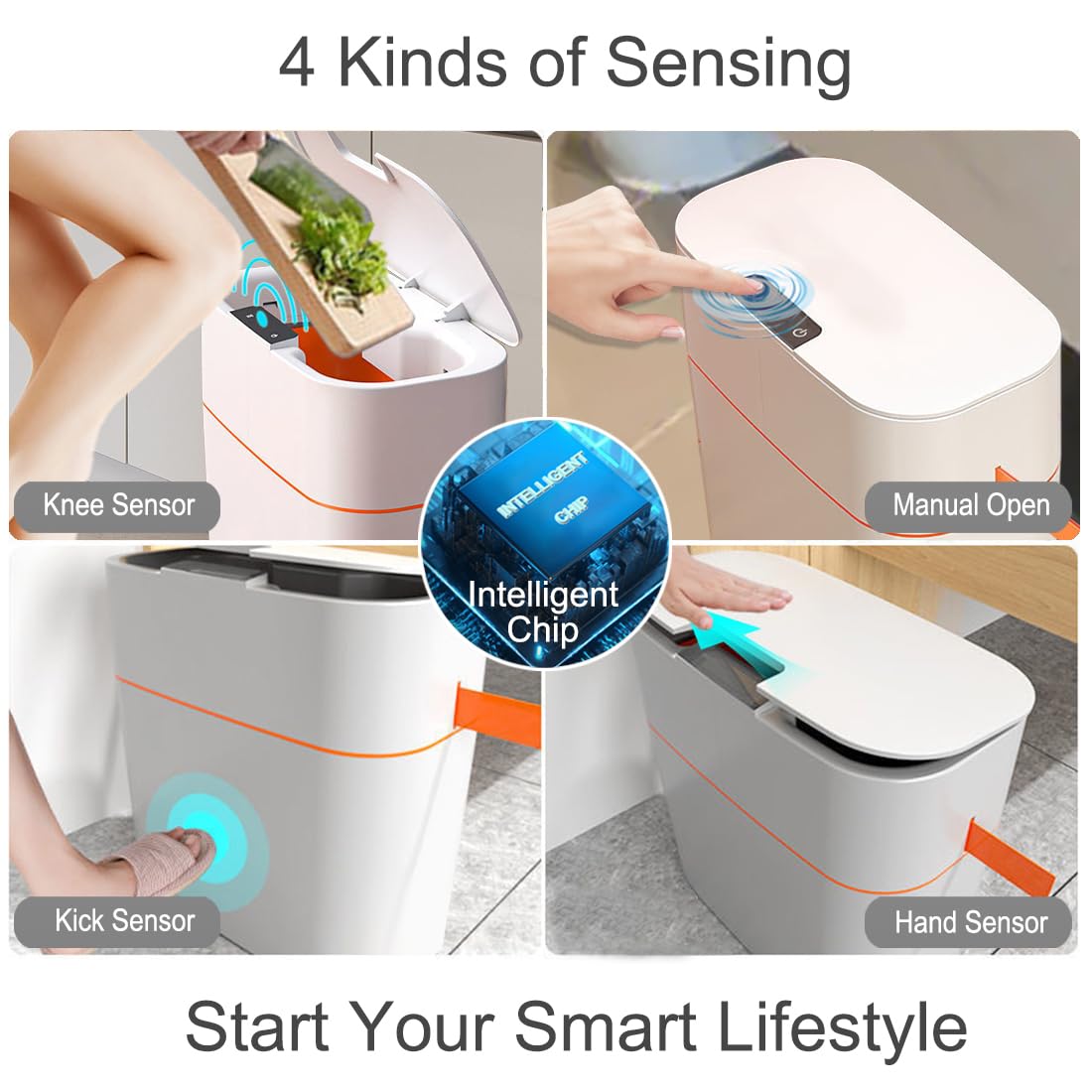 Bote de basura de baño sin contacto con tapa, 3.2 galones, cubo de basura automático delgado de plástico para cocina, dormitorio, sala de estar,