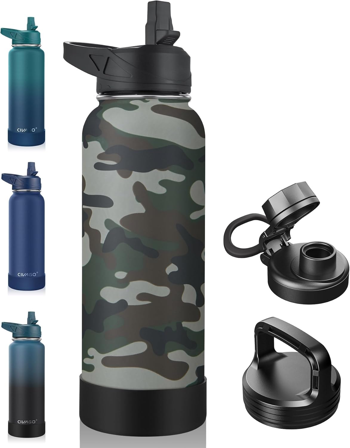 CIVAGO Botella de agua aislada de 40 onzas con pajilla, taza de agua deportiva de acero inoxidable con 3 tapas (pajilla, boquilla portátil y tapa de