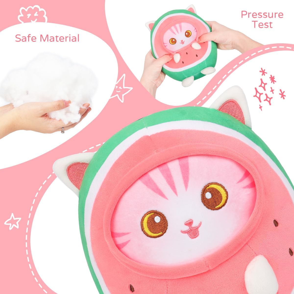 AIXINI Bonita almohada de peluche de gato sandía de 8 pulgadas, suave peluche Kawaii con traje de fruta, regalo para niños