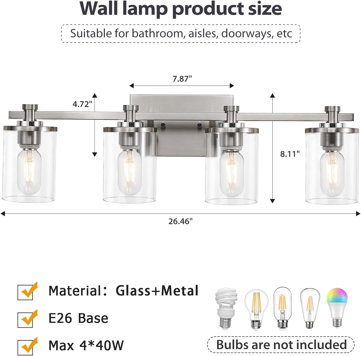 Lámpara de tocador de baño de 4 luces, luces de tocador de níquel sobre el espejo, enchufe de acento de cobre de níquel cepillado, lámparas de baño