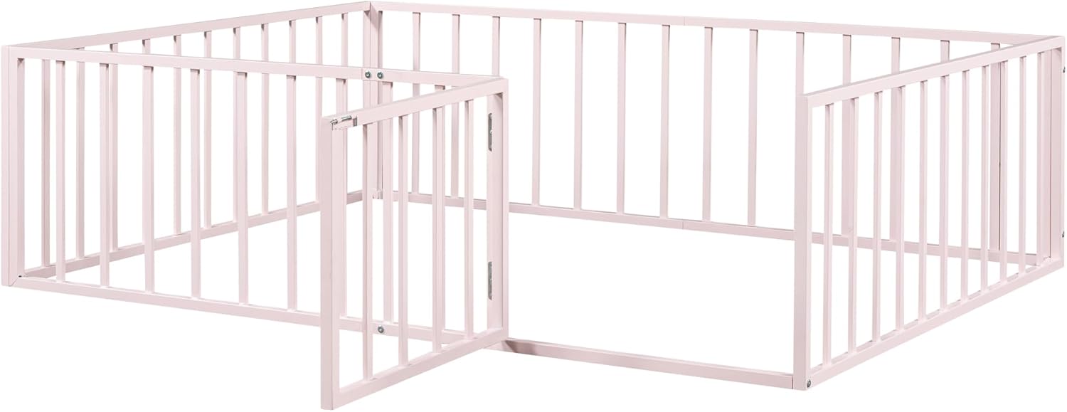 Cama de suelo de tamaño matrimonial para niños, camas Montessori con rieles y puerta, marco de cama de metal con valla para niños y niñas, rosa