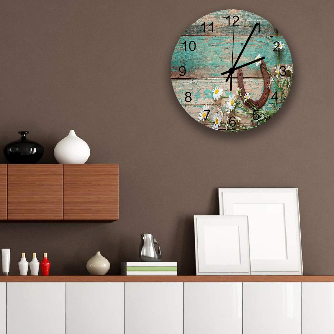 Reloj de pared de 12 pulgadas, silencioso, sin tictac, de madera de herradura, funciona con pilas, fácil de leer, reloj redondo de madera,