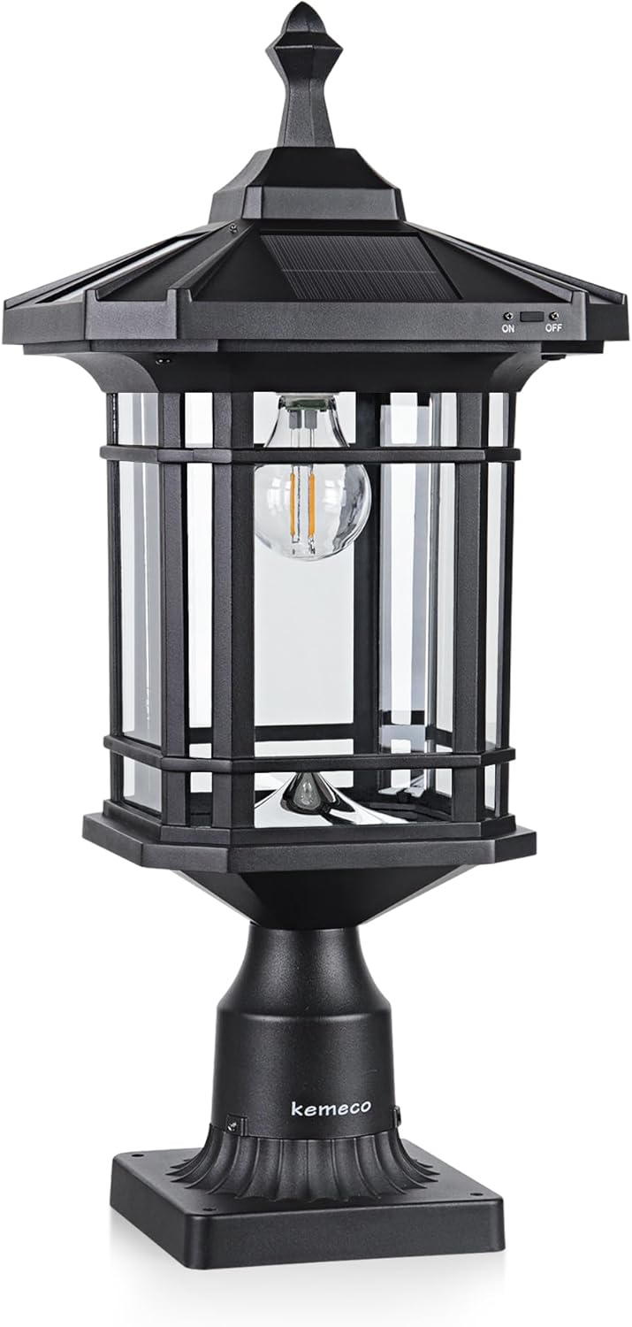 Kemeco Luz solar ST4338Q con base de montaje en pirata para exteriores, impermeable, de aluminio fundido negro, brillante, blanco cálido, lámpara