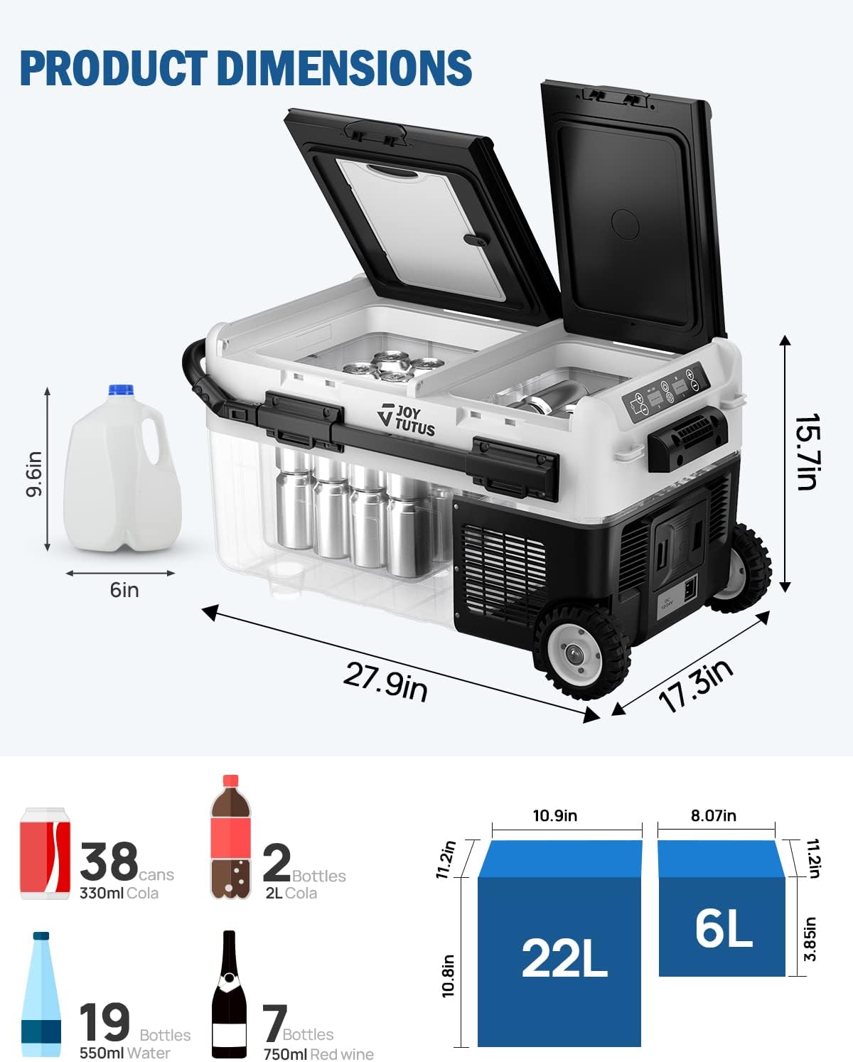 JOYTUTUS Refrigerador de 12 voltios, refrigerador portátil de coche de 30 cuartos (28L) con modo helado, nevera eléctrica de doble zona y sistema