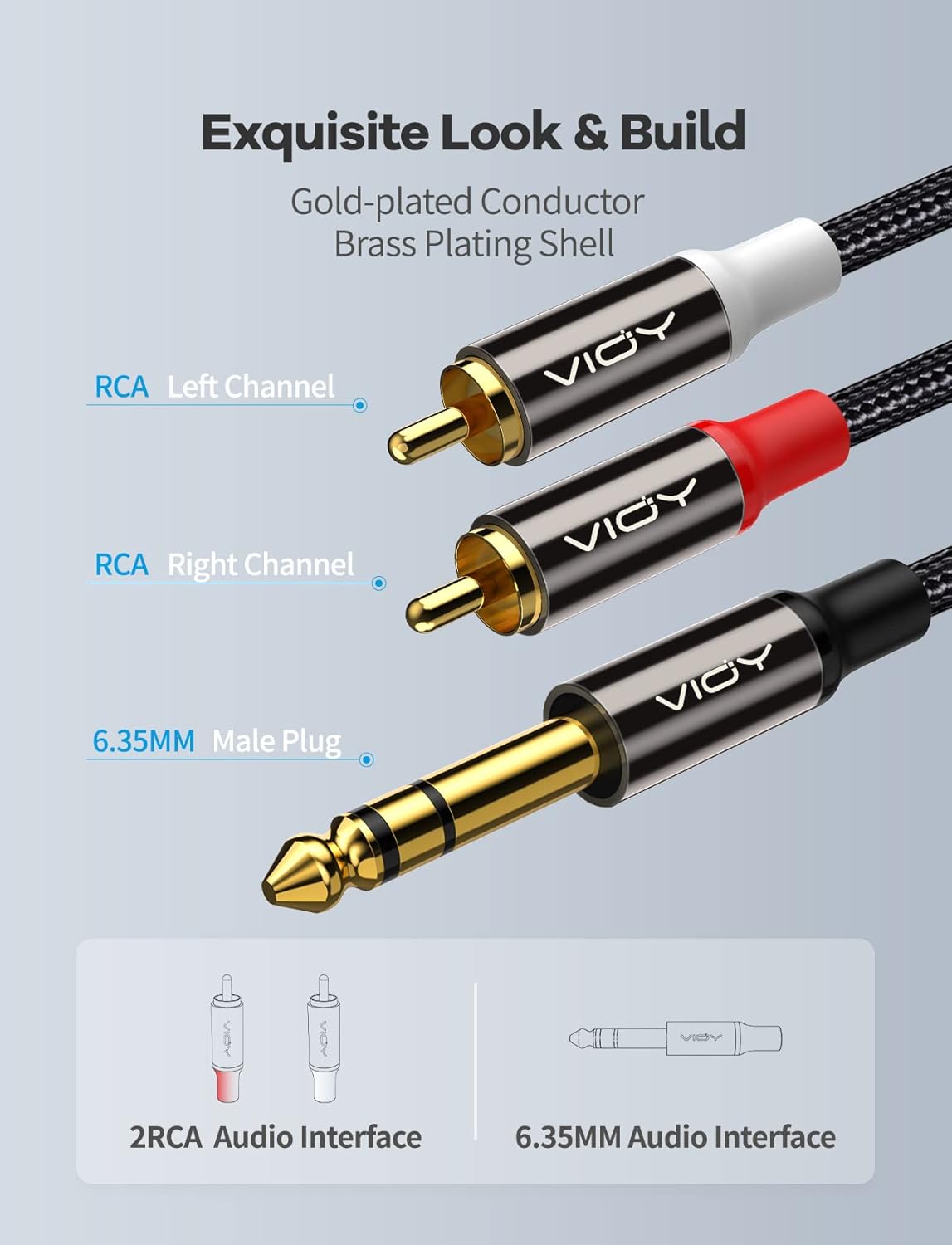 VIOY Cable de audio RCA dual de 14 a doble 5 pies, carcasa de cobre chapada en oro, resistente, conector TRS macho de 0.250 in de cuarto de pulgada
