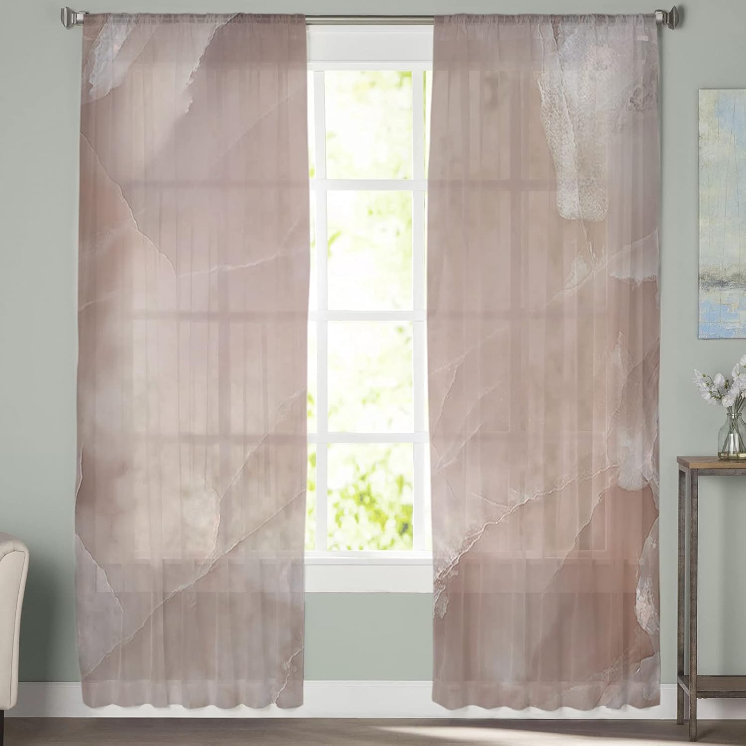 Sheer Curtains 84 Inch Long Abstract Agate Summer Fashion Modern Fleshcolor Rod Pocket Voile Semi-Sheer Window Treatment Drapes for Living Room