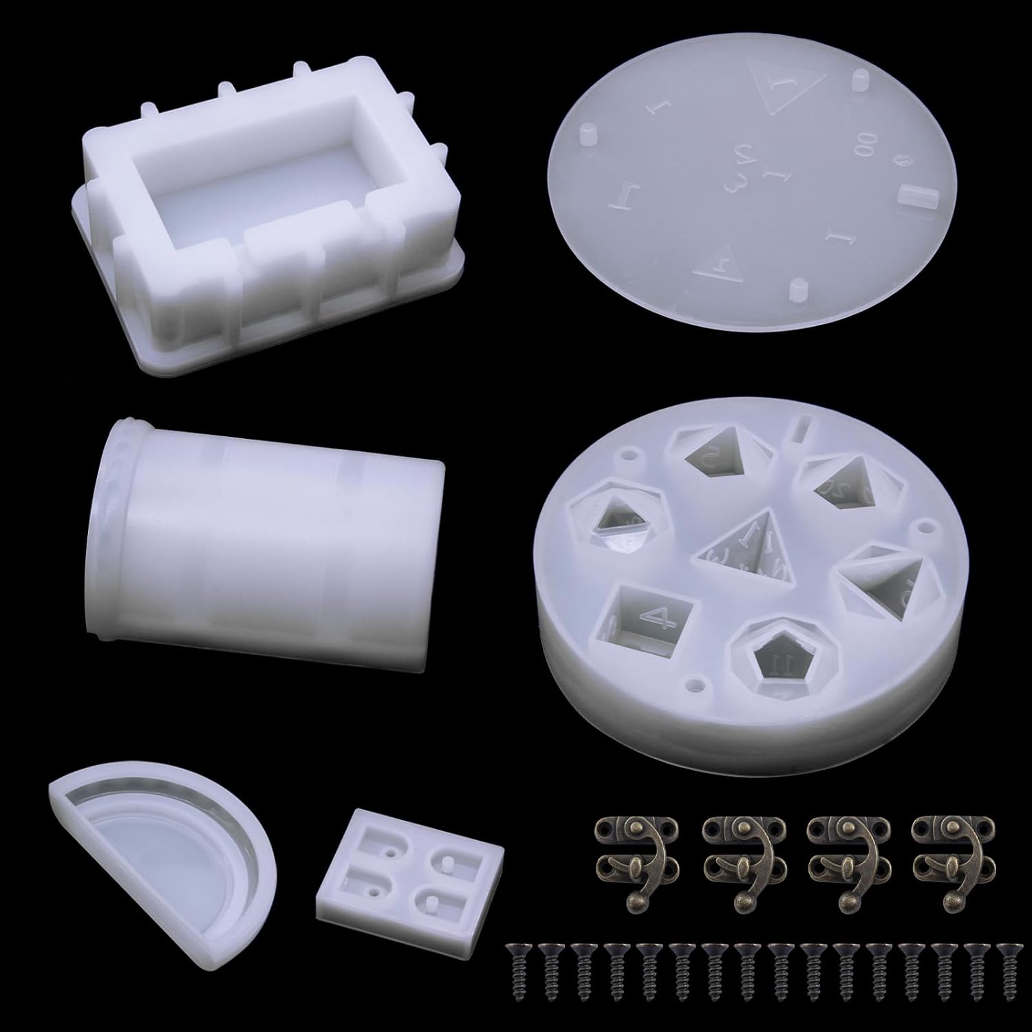 Molde de silicona para dados DND, 7 formas de dados de silicona con molde de caja de almacenamiento de tesoros de silicona, molde epoxi para lanzar