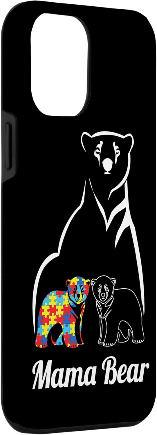 Funda para iPhone 14 Pro Max para concientización sobre el autismo, mamá oso, mamá y niño
