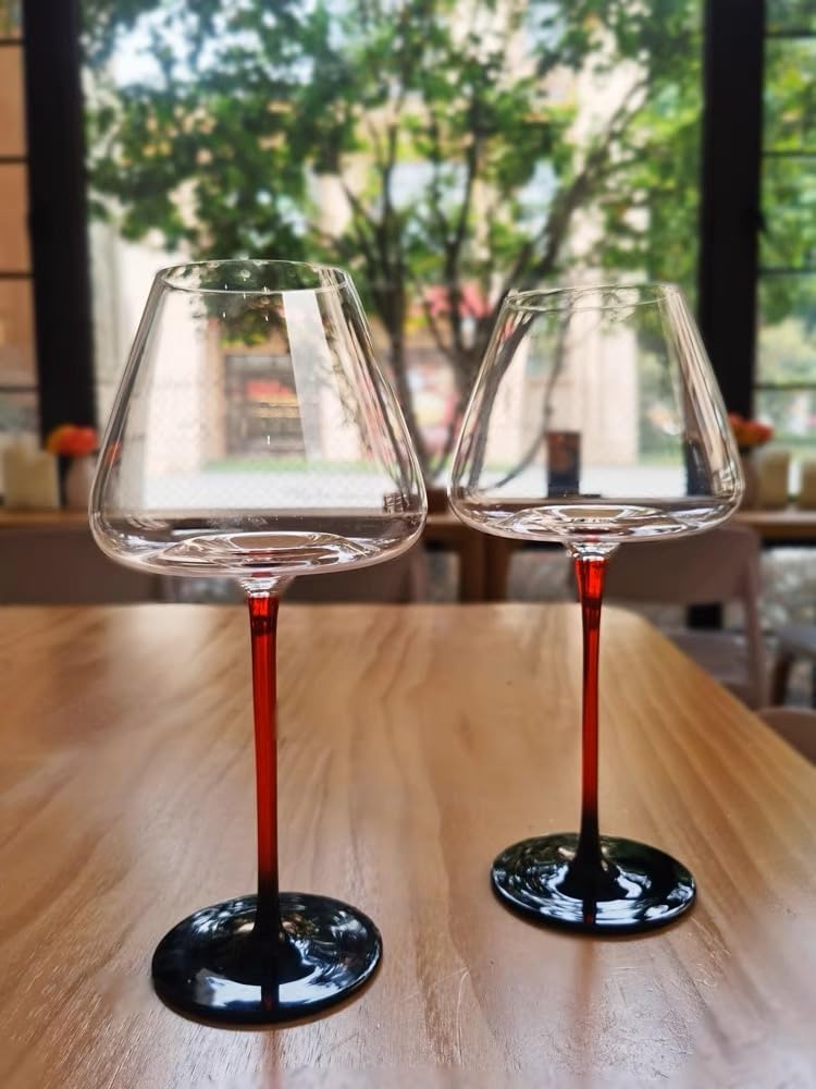 KOWLOON Copa de vino tinto burdeos de fondo cóncavo,Copa de vino de cristal grande de fondo rojo soplado a mano maestra,Cristalería de mango largo