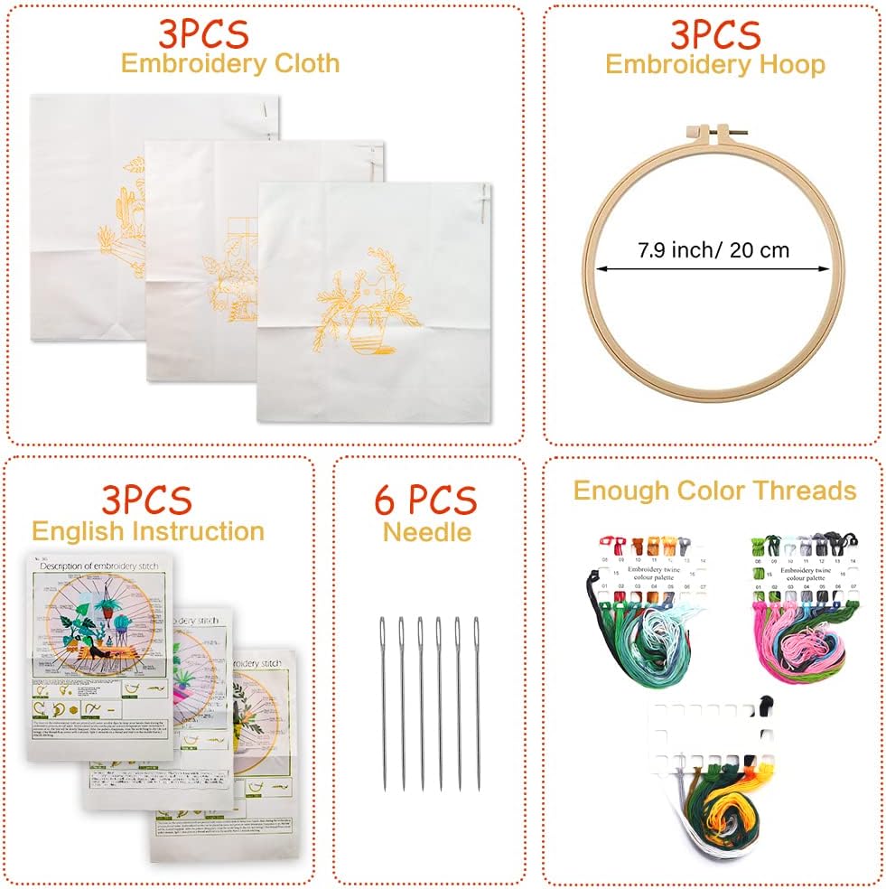 SIMEIQI Kit de bordado de 3 juegos para principiantes con patrón e instrucciones (idioma español no garantizado), kit de punto de cruz para adultos,
