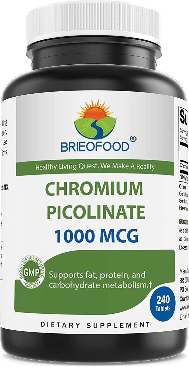 Brieofood Pastillas de picolinato de cromo de 1000 mcg – 240 tabletas – 240 porciones – sin OMG, sin gluten