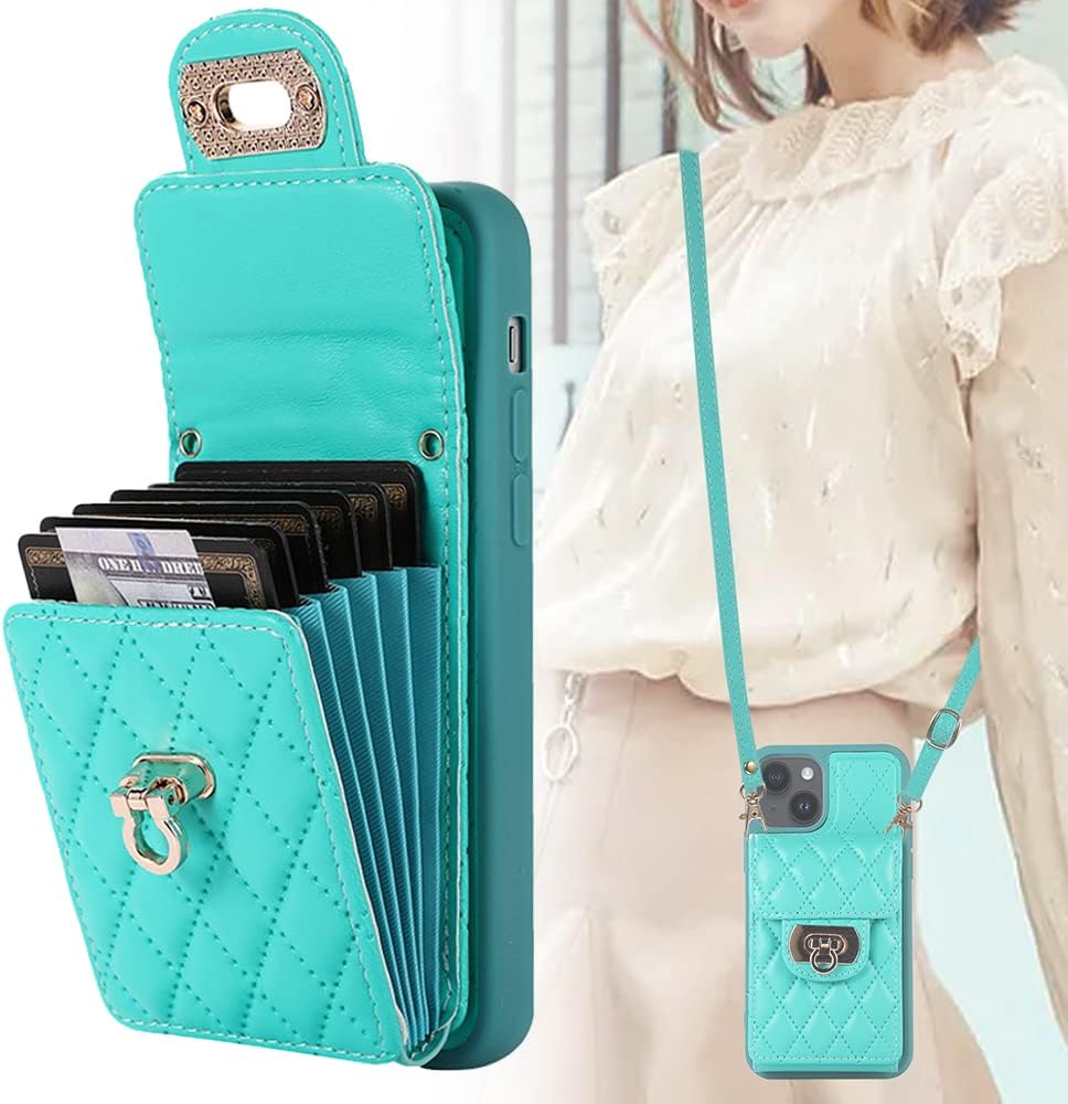 KUDEX Funda cruzada para iPhone 14, funda protectora de cuero de lujo con correa de cordón extraíble, tarjetero con soporte para tarjeta de crédito