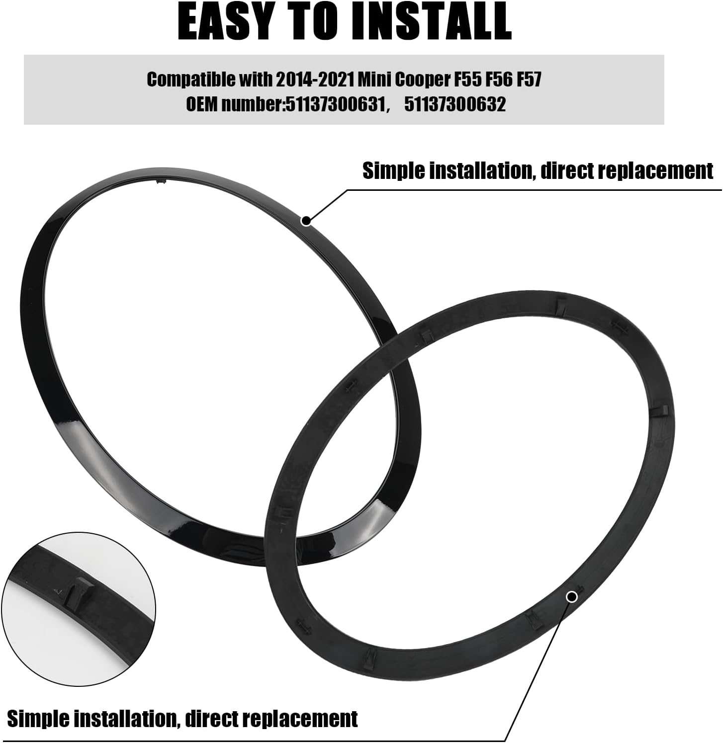 Bisel para faros delanteros del lado del conductor y del pasajero, compatible con MINI Cooper F55 F56 F57 2014-2021, repuesto # 51137300631