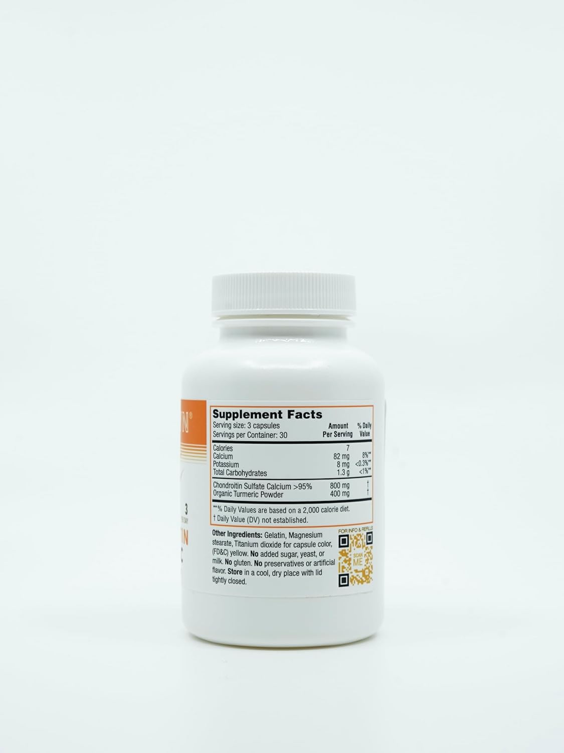 SYNTHRITIS Condroitina de calcio y cúrcuma orgánica, porciones de 28 días en 84 cápsulas, el costo de la porción de 3 cápsulas es de $1.43