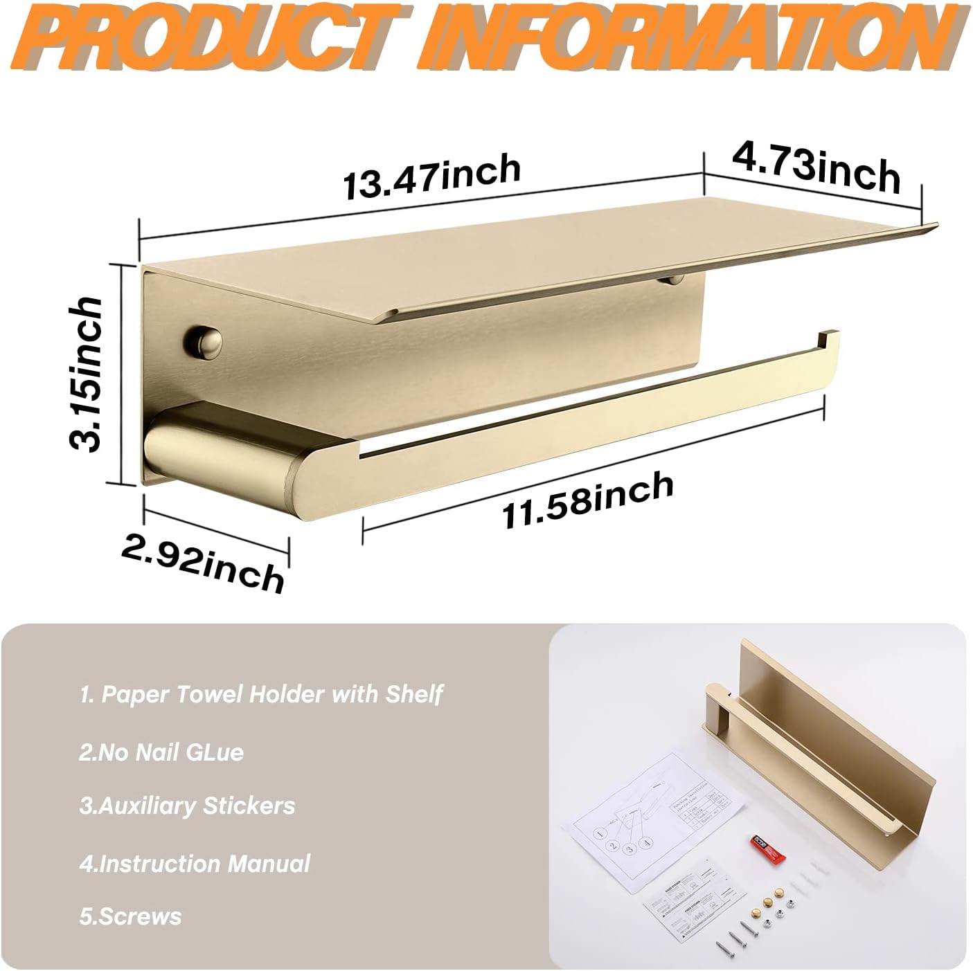 Soporte de pared para toallas de papel para cocina, soporte autoadhesivo para toallas de papel con estante para baño, aluminio antioxidante, sin
