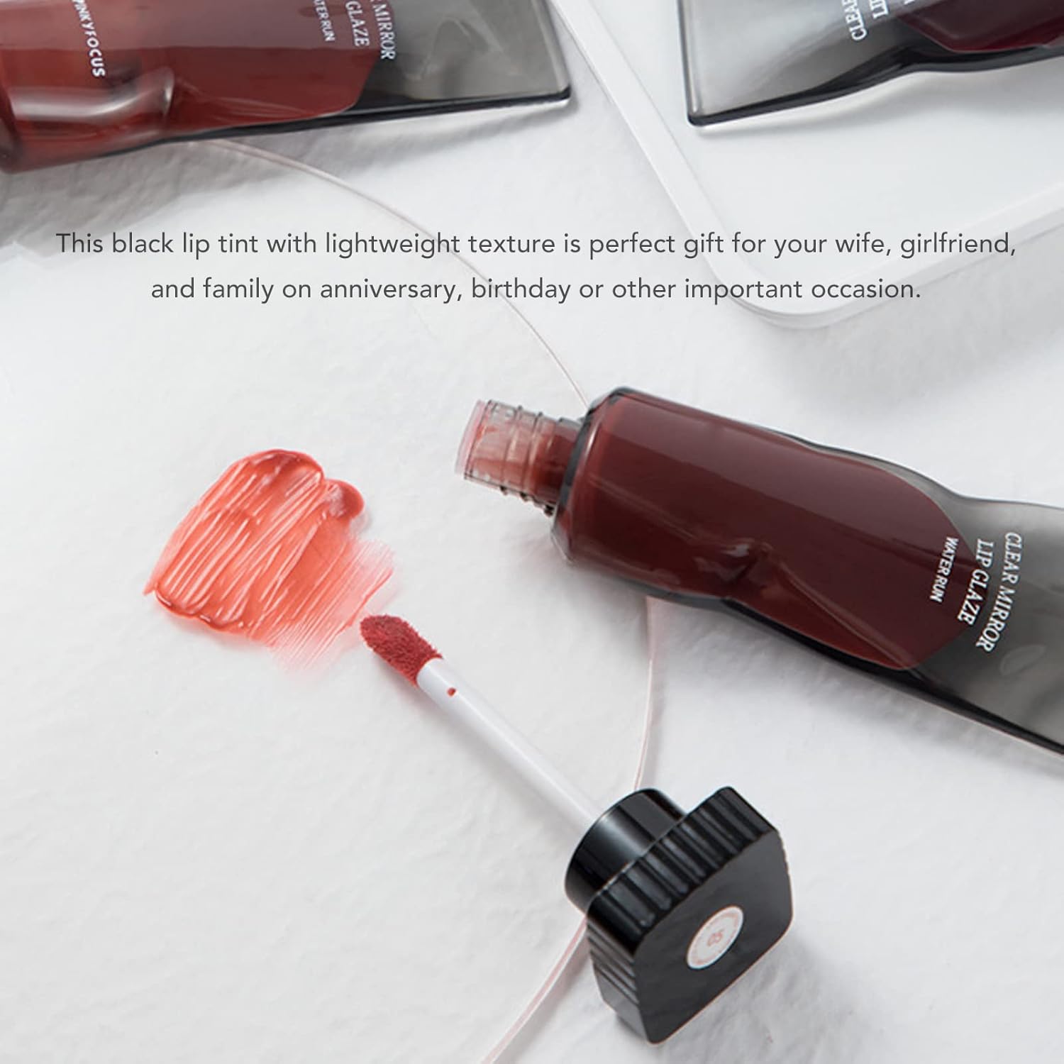 Yinhing Brillo de labios de espejo transparente, esmalte de labios negro en capas, espejo transparente de larga duración, estilo elegante, brillo de