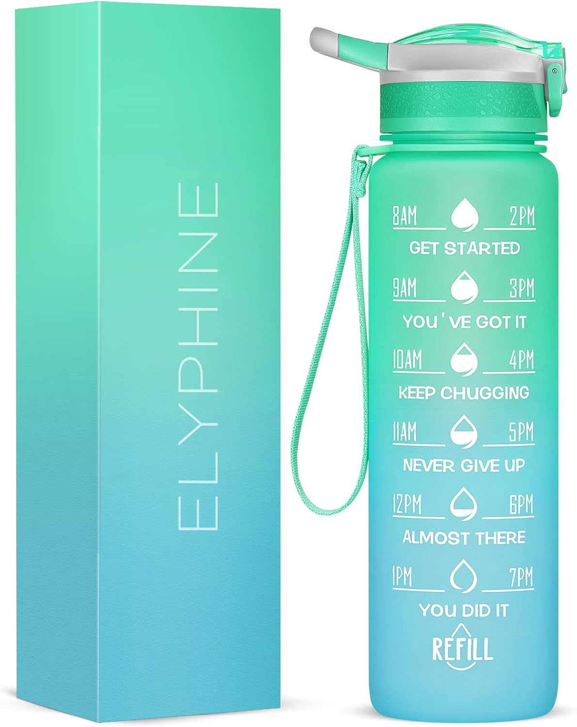 ELYPHINE – Botellas de agua de 3224onzas con pajilla extraíble y marcador de tiempo, botellas deportivas motivacionales con material Tritan sin