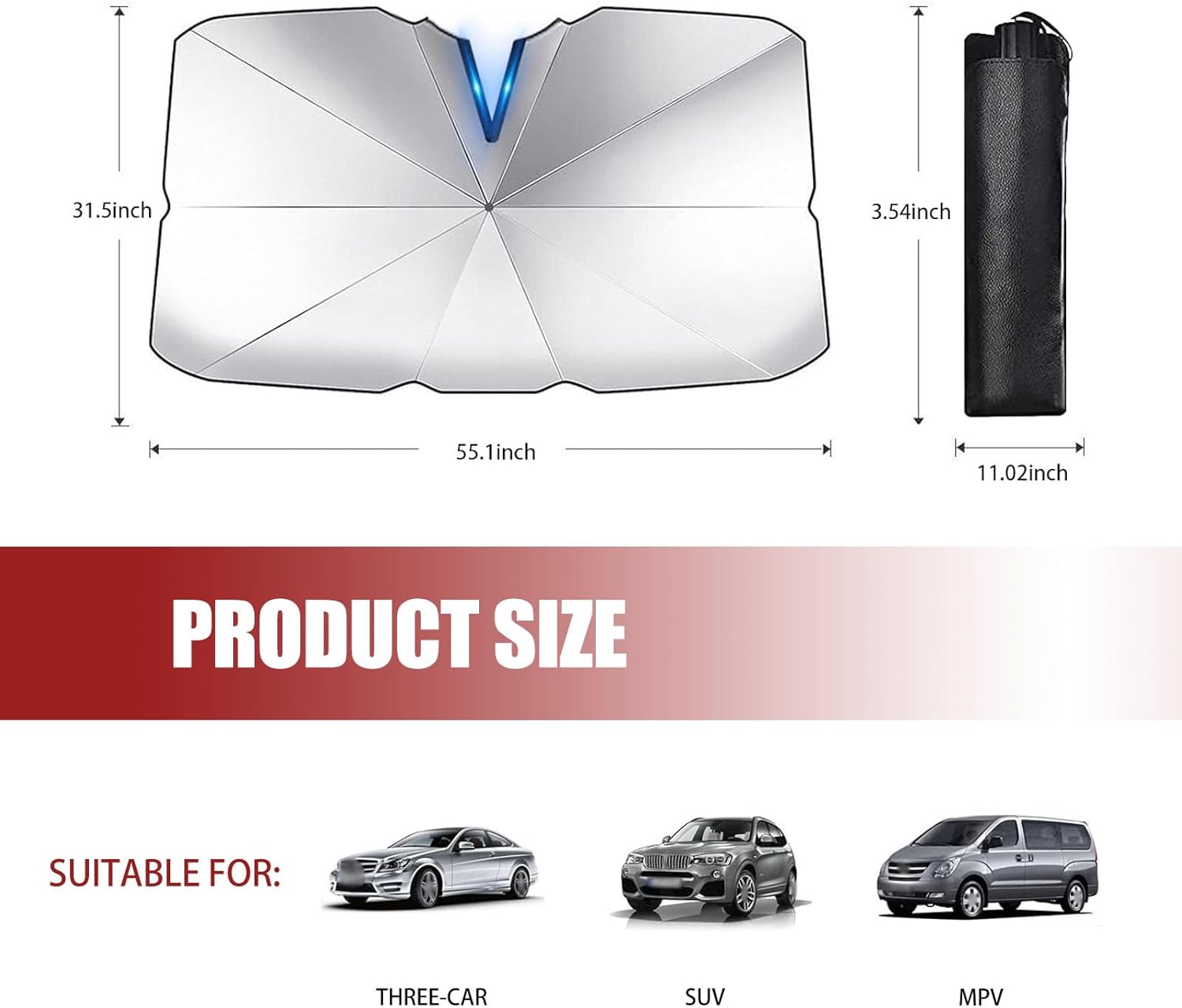 yvshy Paquete de 1 paraguas protector plegable para automóvil, 55 x 31 pulgadas, diseño de apertura, paraguas protector para salpicadero, apto para
