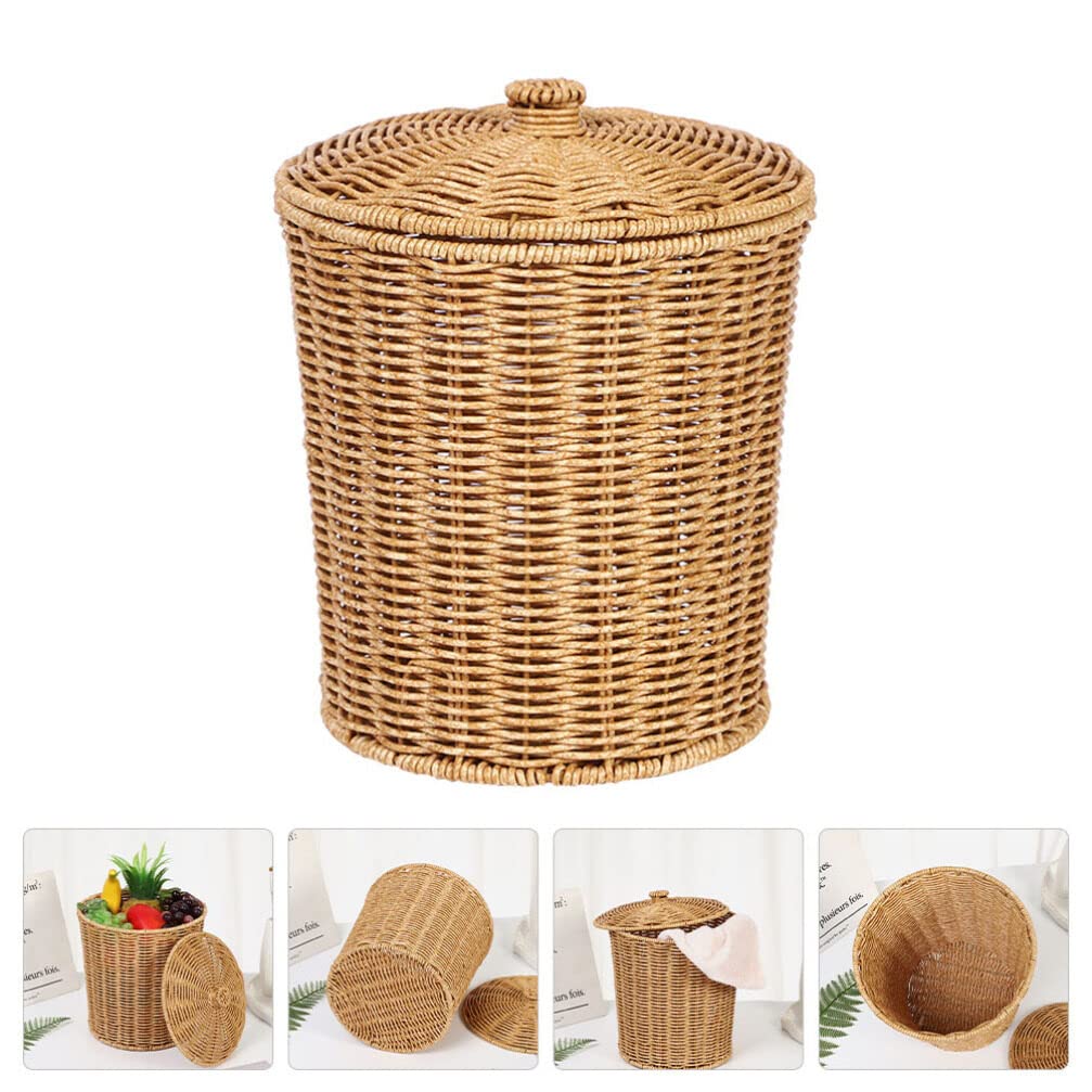 Cabilock Cesta de basura redonda de ratán con tapa, papelera tejida, papelera, contenedor de basura, contenedores de flores, macetas, cestas de