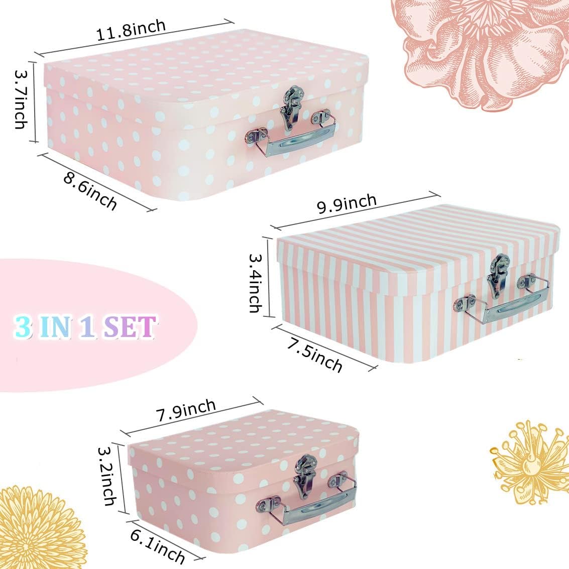 Amedoo Juego de 3 maletas de cartón decorativas, compatibles con organizador de almacenamiento Barbie, ropa de muñeca, juguetes, fotos, accesorios,