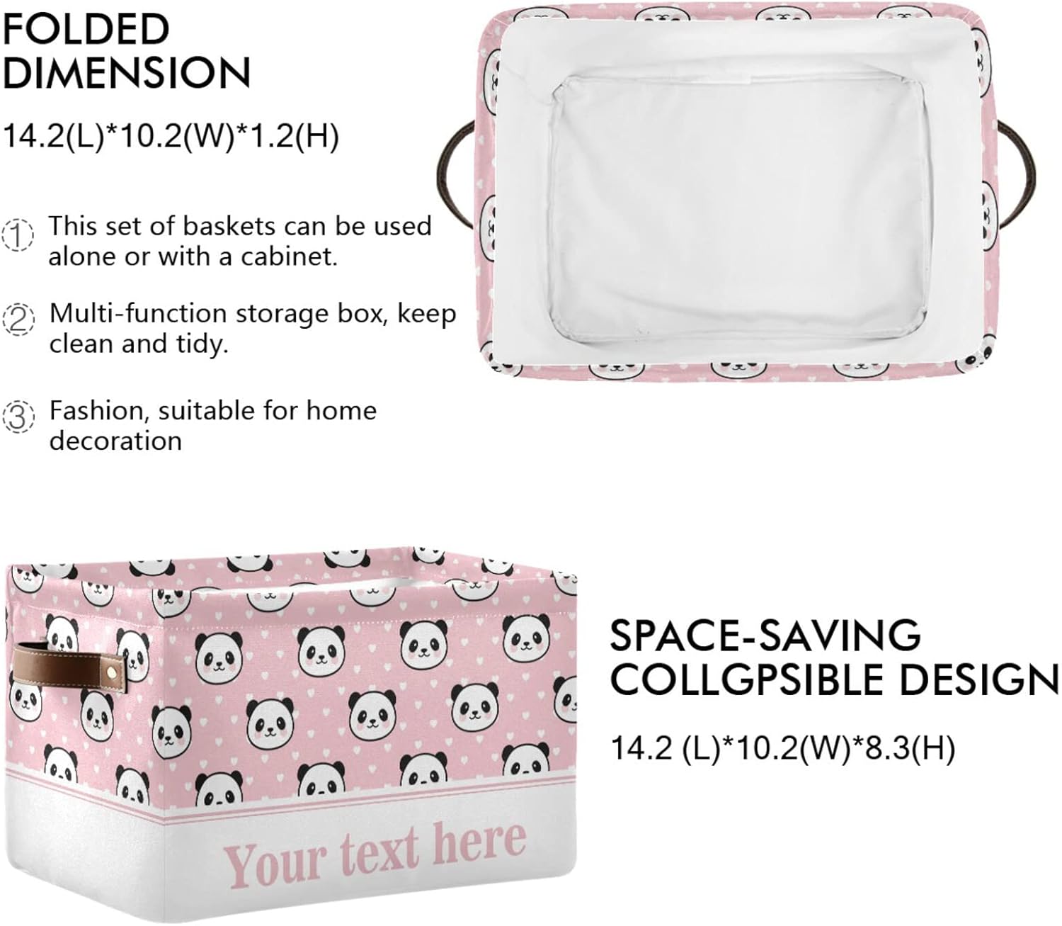 Cesta de almacenamiento rectangular con diseño de panda de dibujos animados, caja de almacenamiento plegable con asas de cuero, estantes, cesta