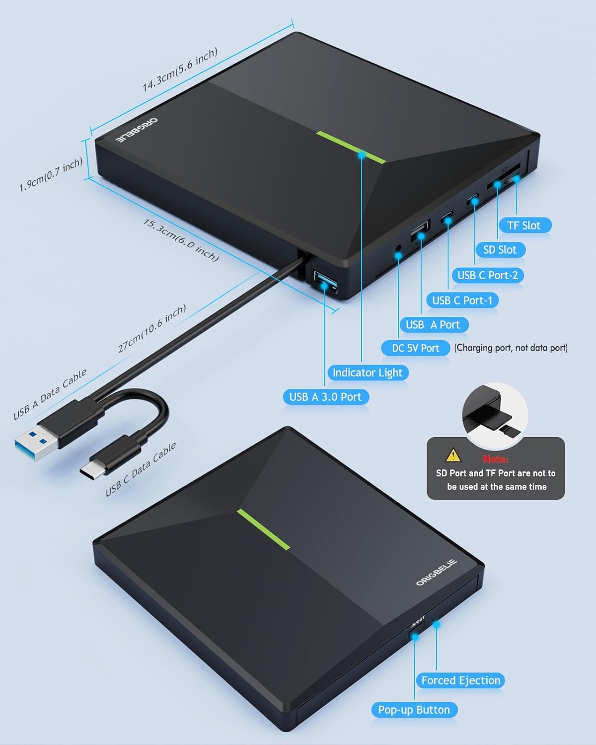 ORIGBELIE Unidad externa de CD y DVD con 4 puertos USB y 2 ranuras para tarjetas TFSD, USB 3.0 portátil CDDVD, reproductor de disco grabador para
