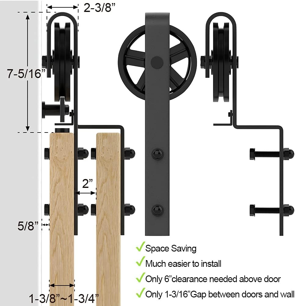 WINSOON Kit de herrajes para puerta corrediza de granero de 5 pies a 10 pies, pista única de 10 pies para puertas dobles, rueda de radios grande,