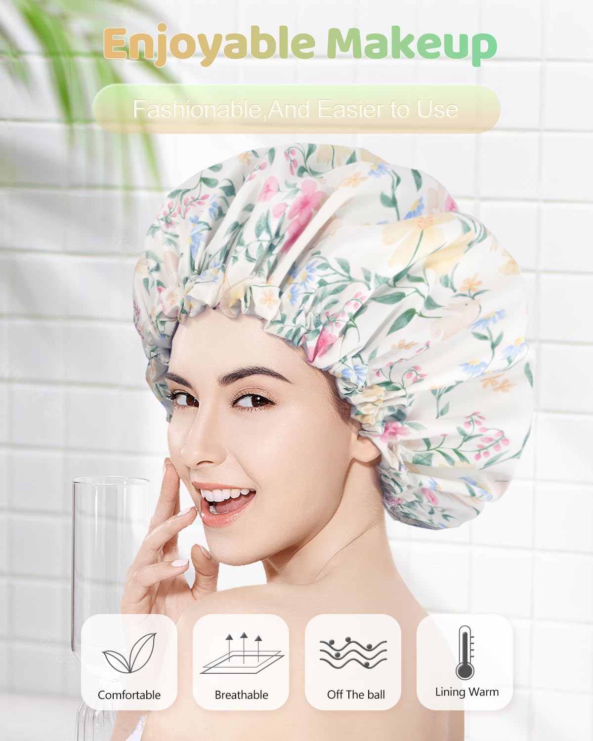 Aquior Gorro de ducha impermeable de doble capa para mujer, gorro de ducha grande reutilizable para todas las longitudes de cabello con forro de