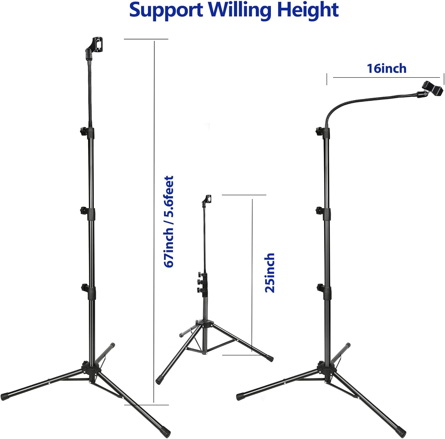 Soporte para micrófono, trípode con cuello de cisne, altura ajustable de 24 a 67 pulgadas, con 2 clips de micrófono para cantar, escenario,