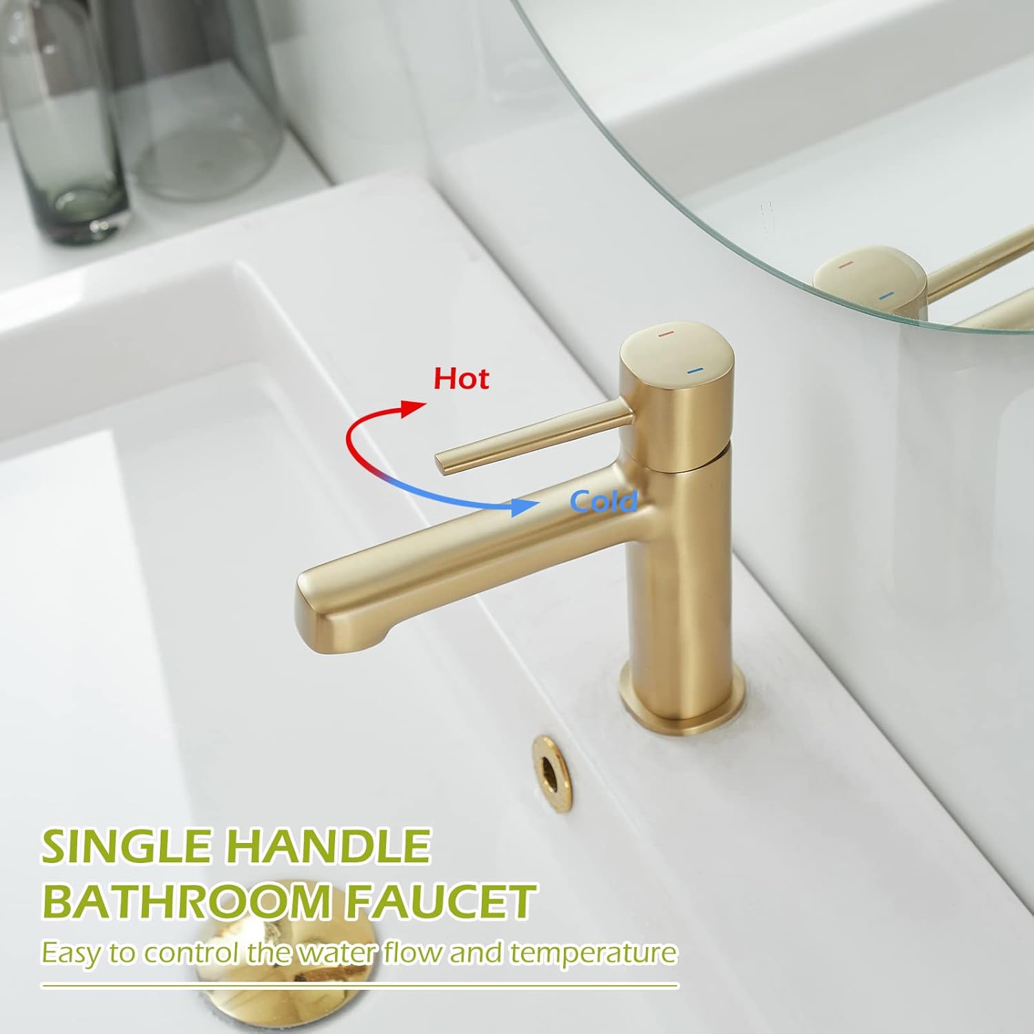 BWE Grifo de lavabo de baño de oro cepillado, 1 agujero, mango único, grifo mezclador comercial con tapón de drenaje desplegable y manguera de