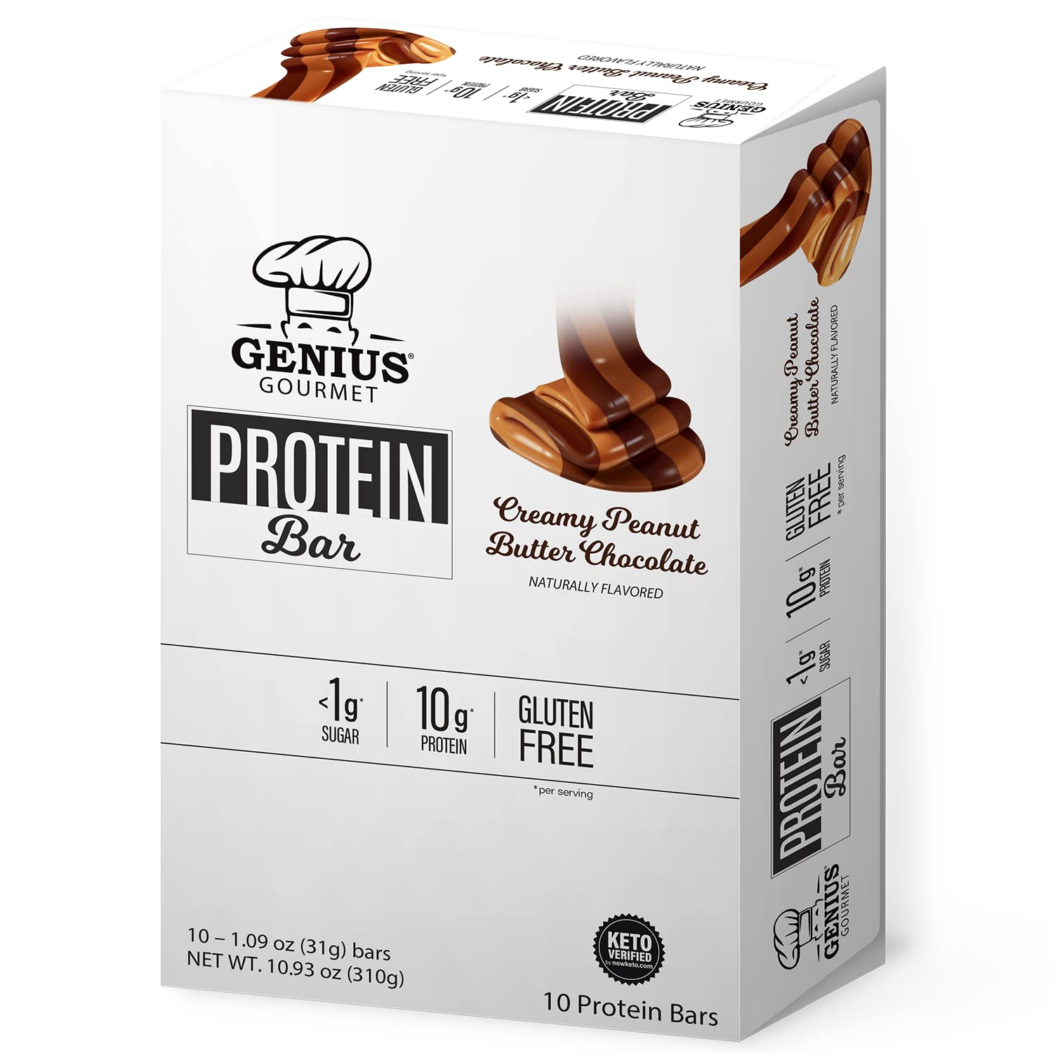 Genius Gourmet Barra de proteínas, barras sin gluten, MCT premium, bajas en carbohidratos, bajas en azúcar (mantequilla de maní y chocolate, 10