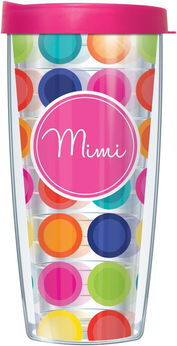 Signature Tumblers Mimi Hot Pink Insignia Wrap on Happy Circles – Taza de viaje de doble pared de 16 onzas con tapa de fácil sorbo rosa intenso