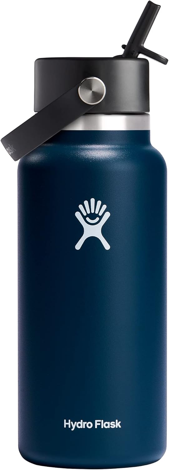 Hydro Flask Botella de agua de boca ancha de acero inoxidable con tapa de popote flexible y aislamiento al vacío de doble pared