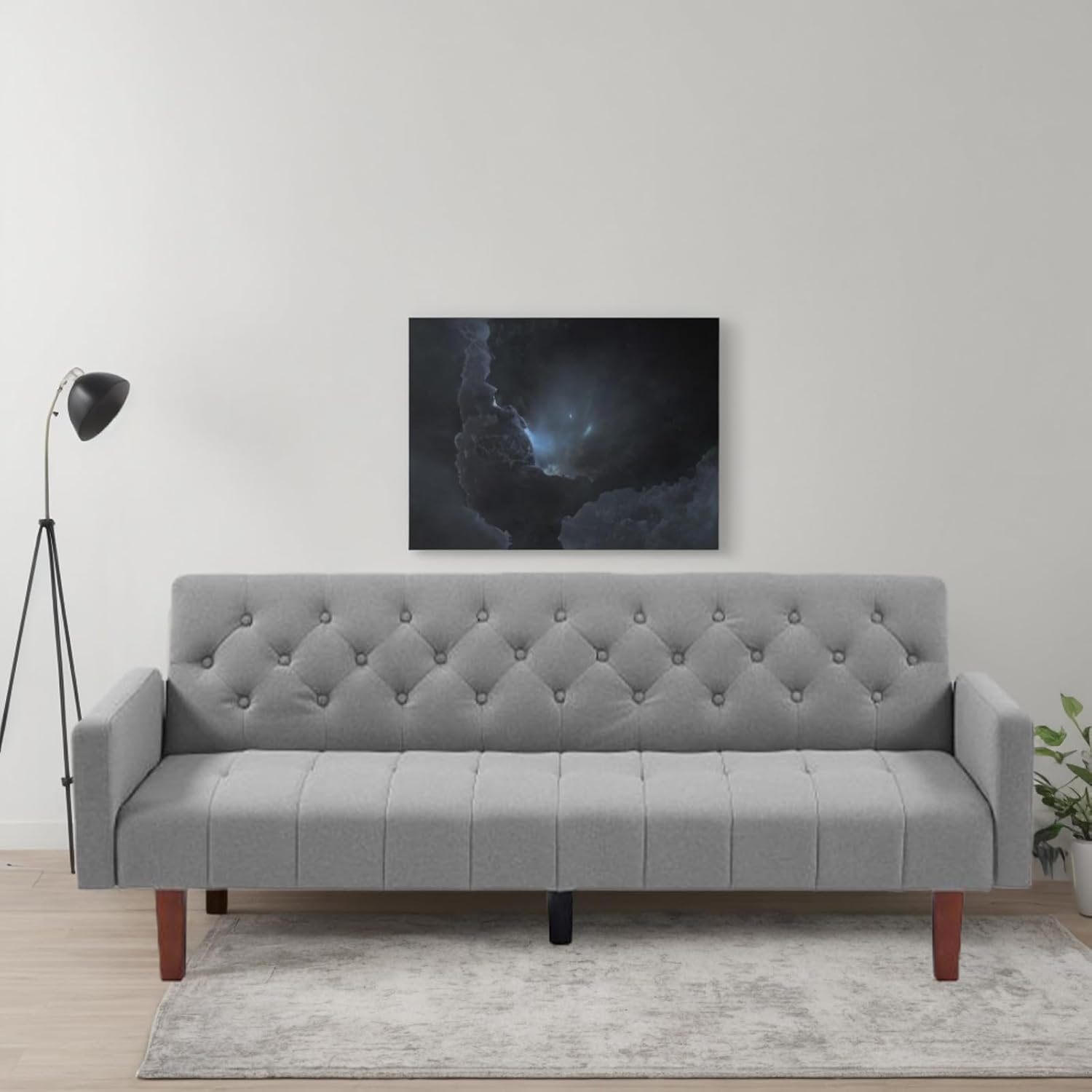 Sofá cama convertible de mediados de siglo con respaldo copetudo gris con patas de madera cónicas para sala de estar, apartamento, sala de estar