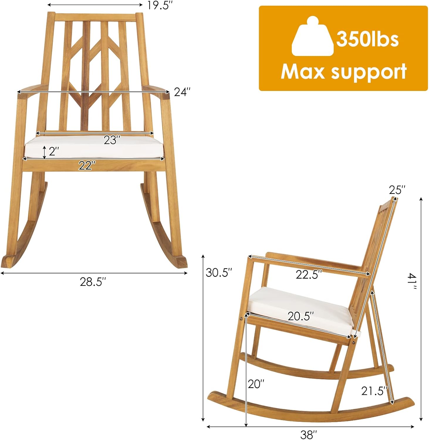 RELAX4LIFE Mecedora de madera para exteriores  Mecedora de patio de gran tamaño con respaldo alto, reposabrazos largo, cojín suave extraíble,