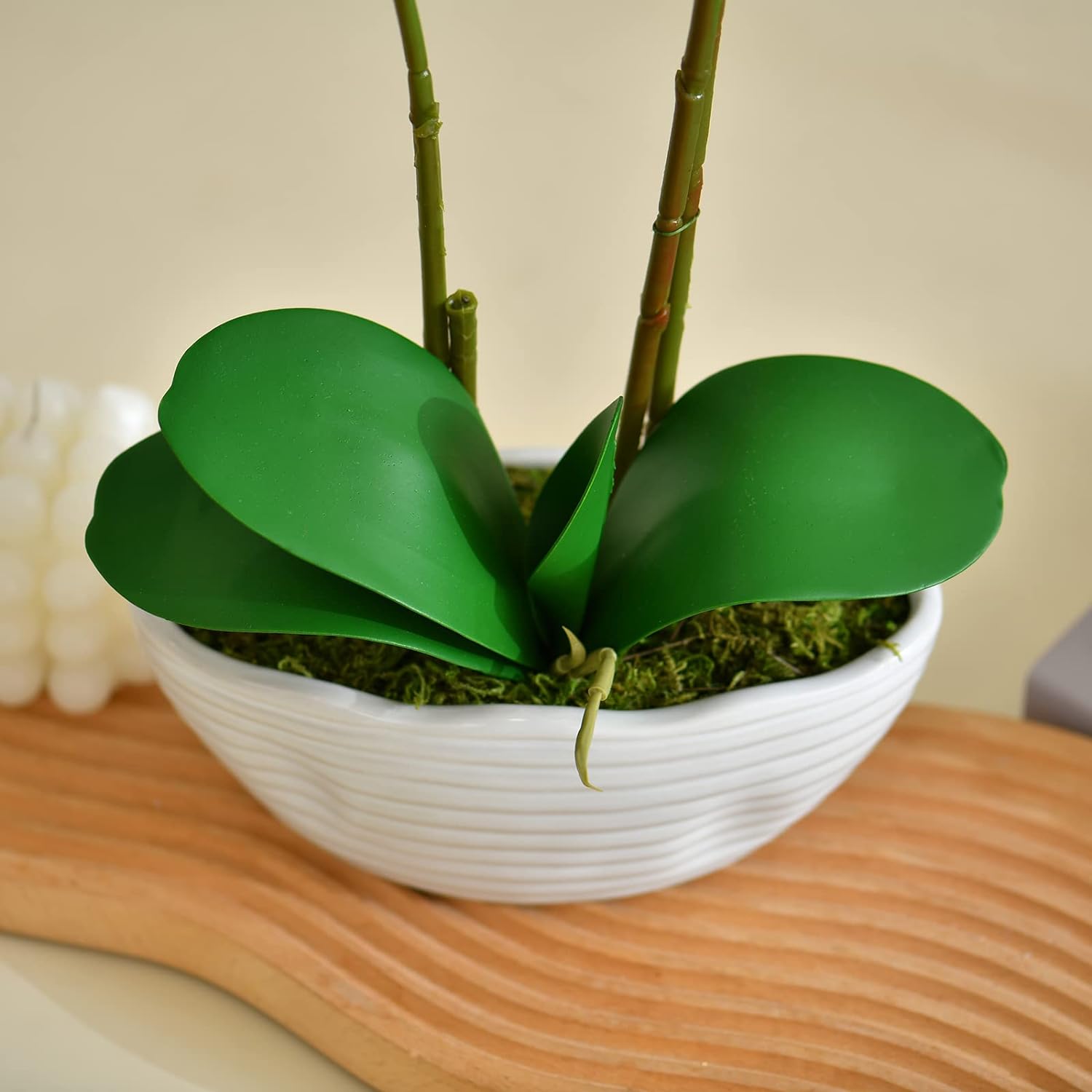 Planta de orquídea artificial grande en maceta, arreglo floral de seda con jarrón de cerámica, azul dorado
