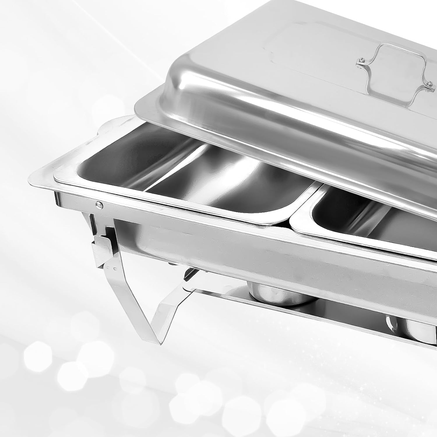 Juego de 4 platos para bufé, rectangulares de acero inoxidable, kit calentador de alimentos con tapas, bandejas para alimentos, marías y soportes