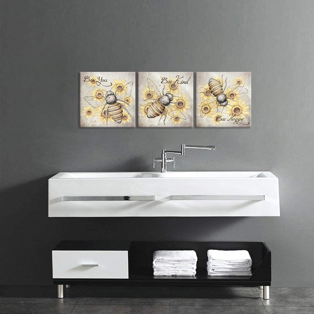 iHAPPYWALL 3 piezas de lienzo de abeja de miel, arte para pared, diseño de girasol, abeja, feliz, con citas motivacionales, arte para cocina,