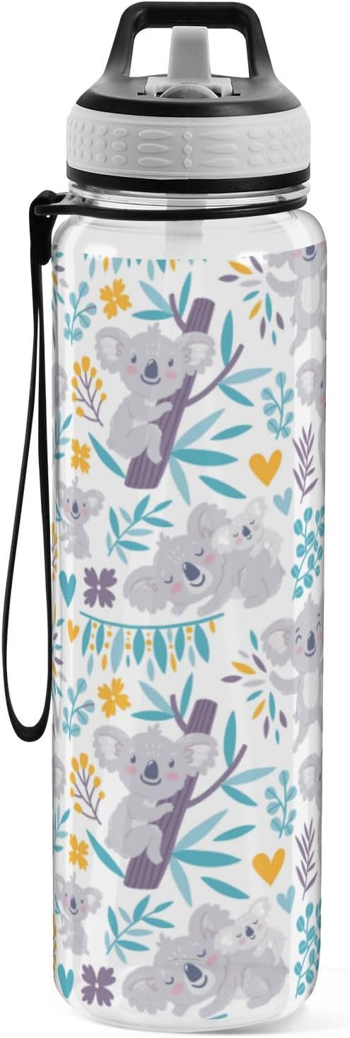 Botella de agua deportiva de 32 onzas con diseño de osos koala y flores, a prueba de fugas, con tapa de pajilla, reutilizable, transparente, sin