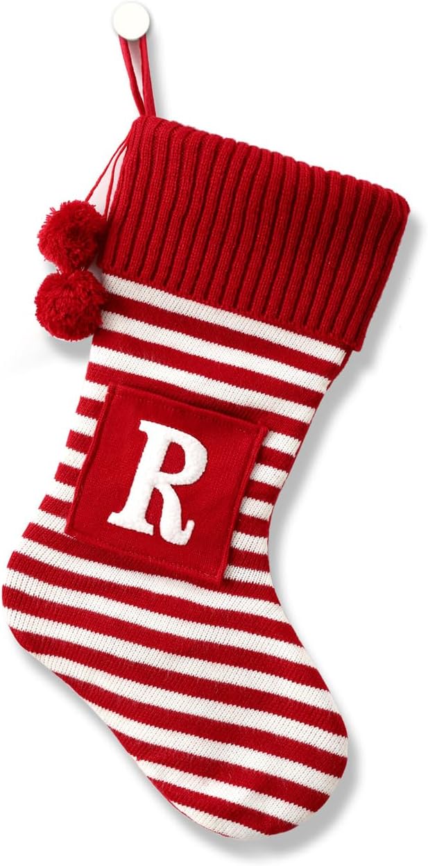 CRSMHLPK Calcetines de Navidad con iniciales de 20 pulgadas, monograma, a rayas, rojo, verde, con letras bordadas blancas, decoraciones