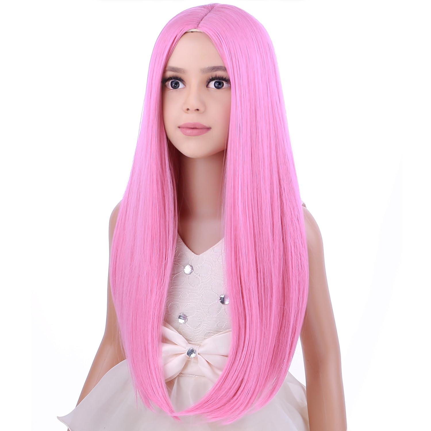 Peluca rosa larga y recta para niños, peluca rosa larga y recta para niñas, pelucas sintéticas largas con gorra de peluca