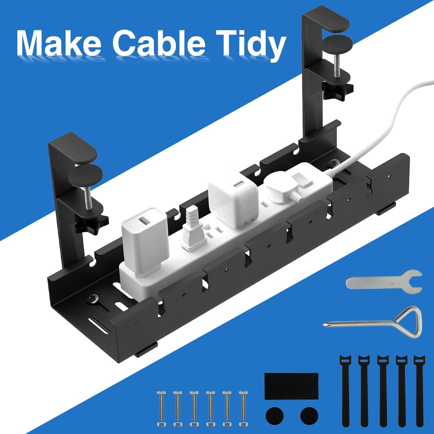 Gestión de cables extensible para debajo del escritorio, bandeja de gestión de cables de metal (paquete de 1)