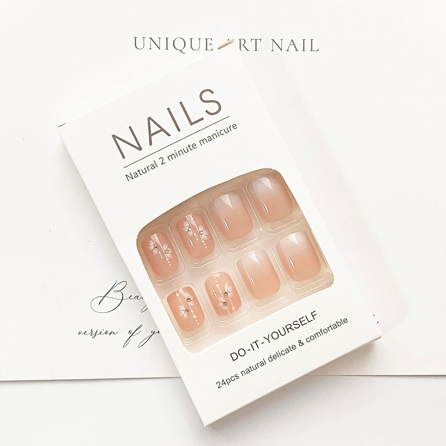 24 uñas cortas a presión, uñas postizas rosas, uñas acrílicas de forma cuadrada con diseños de flores, uñas postizas degradadas, uñas postizas de