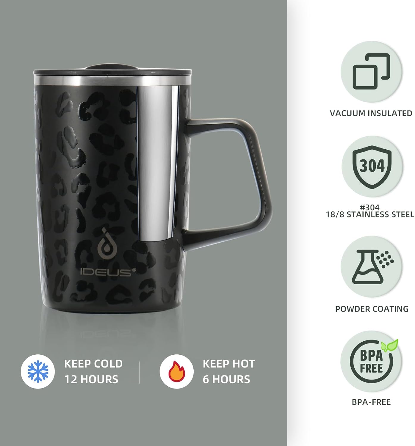 Ideus Taza de café aislada al vacío, reutilizable, de acero inoxidable, de doble pared, de 16 onzas, con asa y tapa deslizante para bebidas