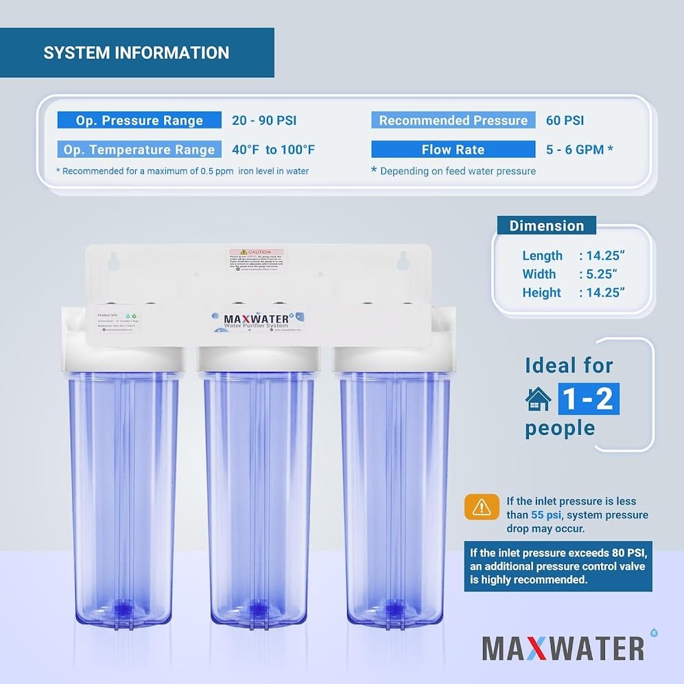 Max Water Sistema de filtro de agua de manganeso de hierro estándar de 3 etapas de 10 pulgadas para toda la casa  Sedimento + Manganeso de hierro +