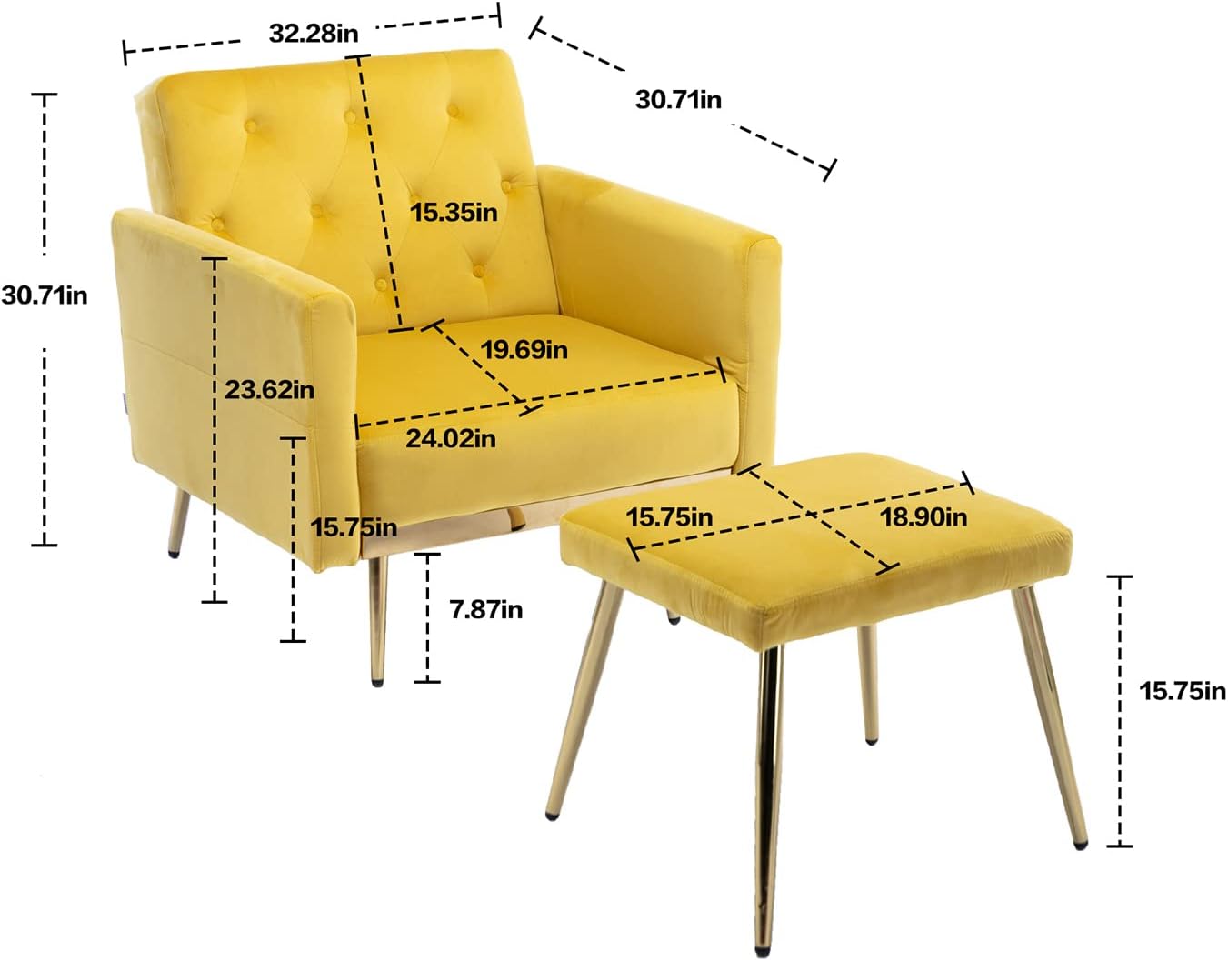 KINFFICT Sofá decorativo de terciopelo con otomana, cómodo sillón tapizado con reposabrazos y respaldo ajustables, sala de estar reclinable